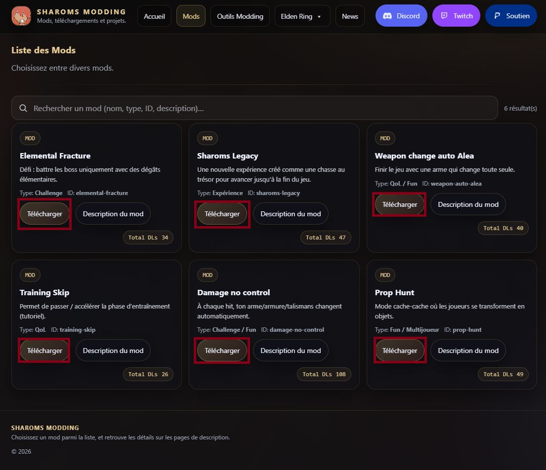 Page de la liste des mods